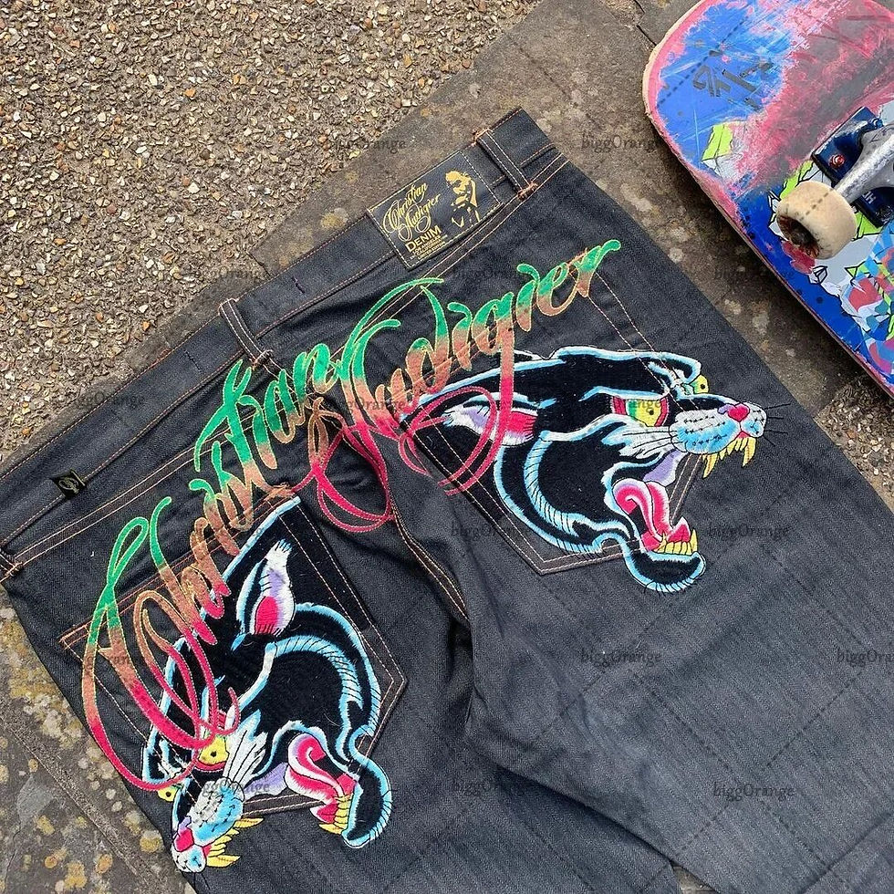 Thumbnail: Vintage Hip-Hop Straight Jeans: Retro Washed Denim with Unique Print
