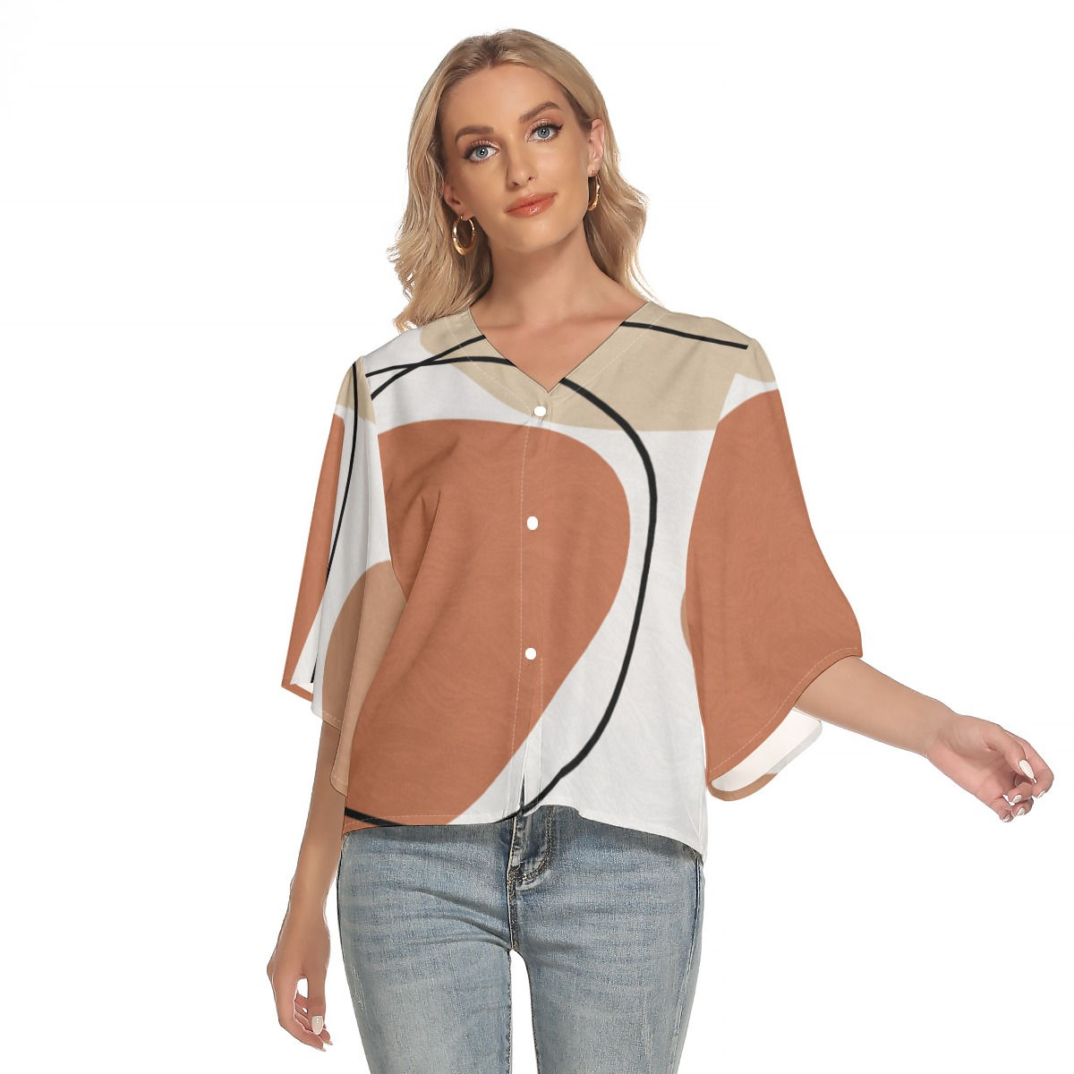 Freshdrop All-Over Print Women's Bat Sleeve Light V-neck Front Buttoned Top