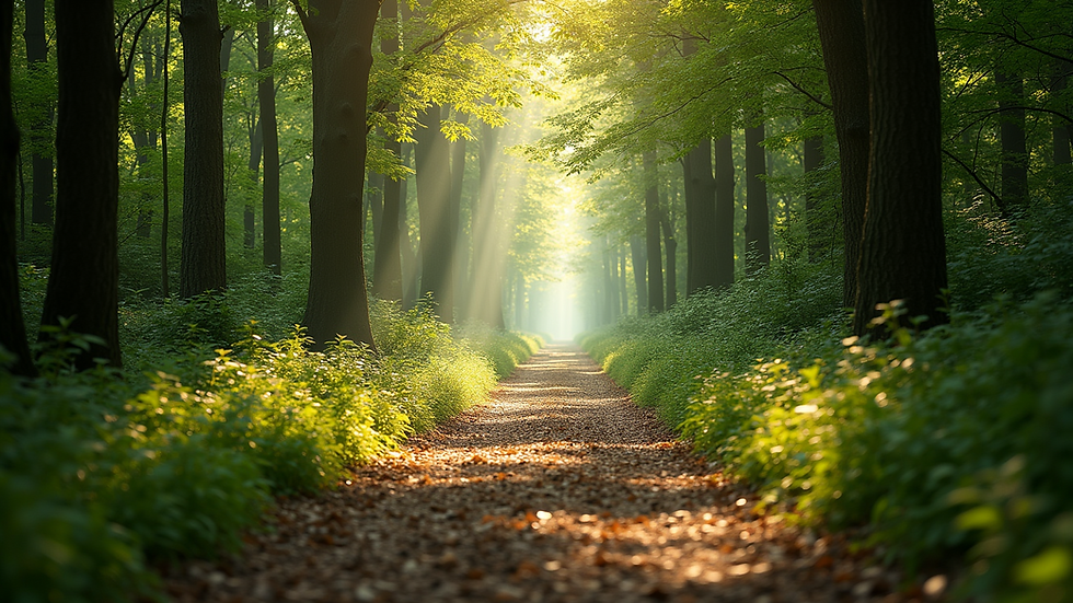 Wide angle view of a serene forest path