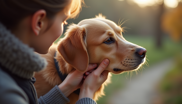 Vista em ângulo médio de uma pessoa acariciando um cachorro, mostrando conforto e conexão emocional