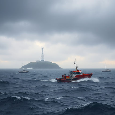 Stormy sea, island with a radio tower and a search and rescue boat at the shore.jpg