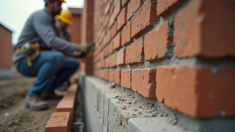 Close-up view of construction workers installing bricks on a building wall