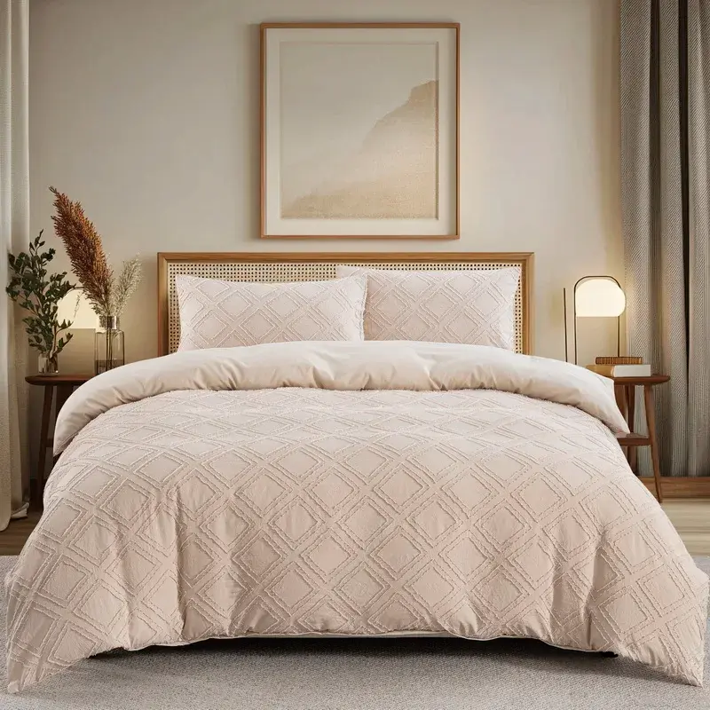 縮圖：Beige Duvet Cover Full/Queen Size, Boho Tufted Microfiber Bedding Set
