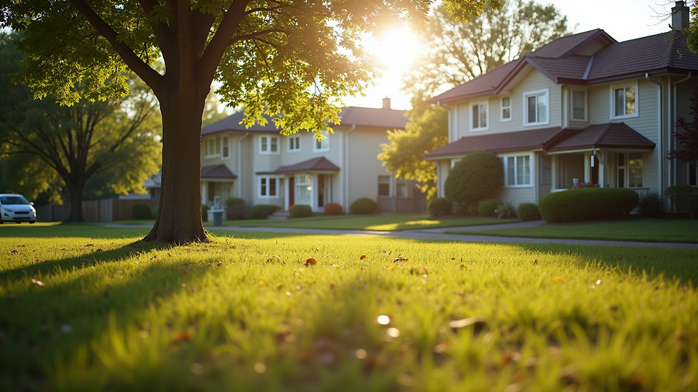 Eye-level view of a peaceful neighborhood park surrounded by homes