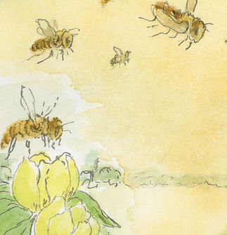 Painting of honey bees on their cleansing flight