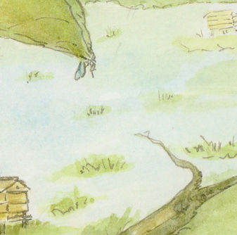Watercolour painting of an apiary which has been flooded