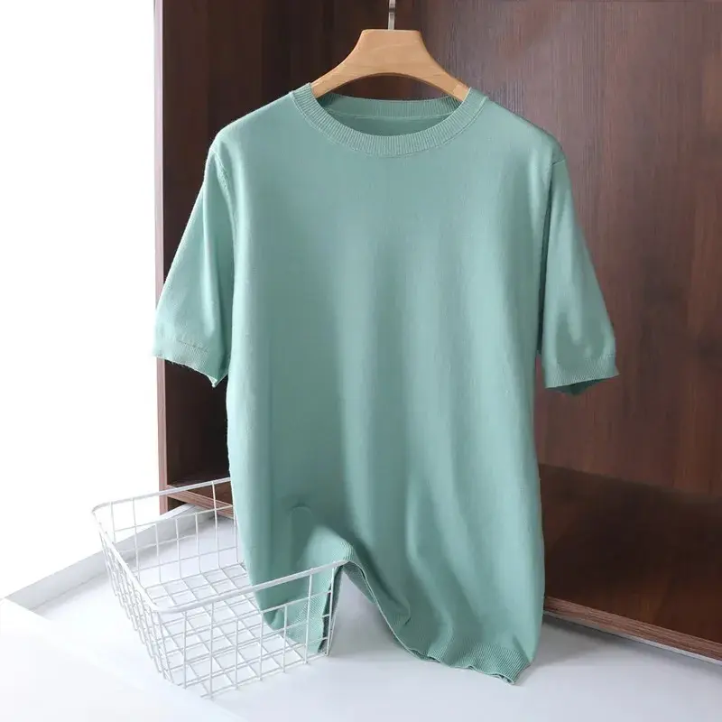 Miniatura: Superfine Merino Wool T Shirt Men's Knitted O-neck Breathable Thin Cashmer Short