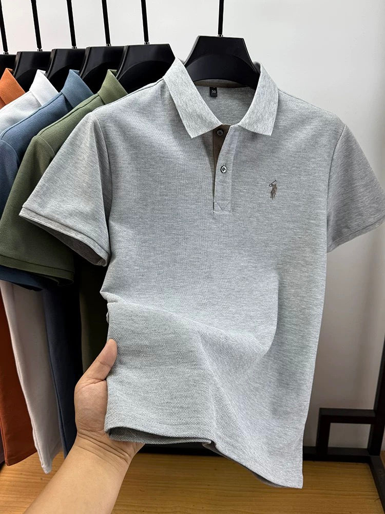 Miniatura: Camisa polo masculina de manga curta, 100% algodão, de marca de alta qualidade