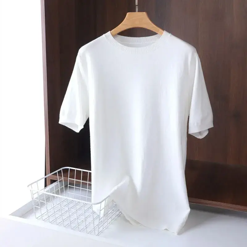 Miniatura: Superfine Merino Wool T Shirt Men's Knitted O-neck Breathable Thin Cashmer Short
