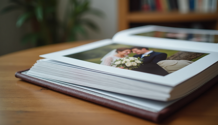 Close-up view of a wedding photo album with upgraded cover and high-quality prints