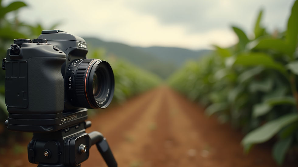 Eye-level view of a camera setup capturing a coffee farm scene