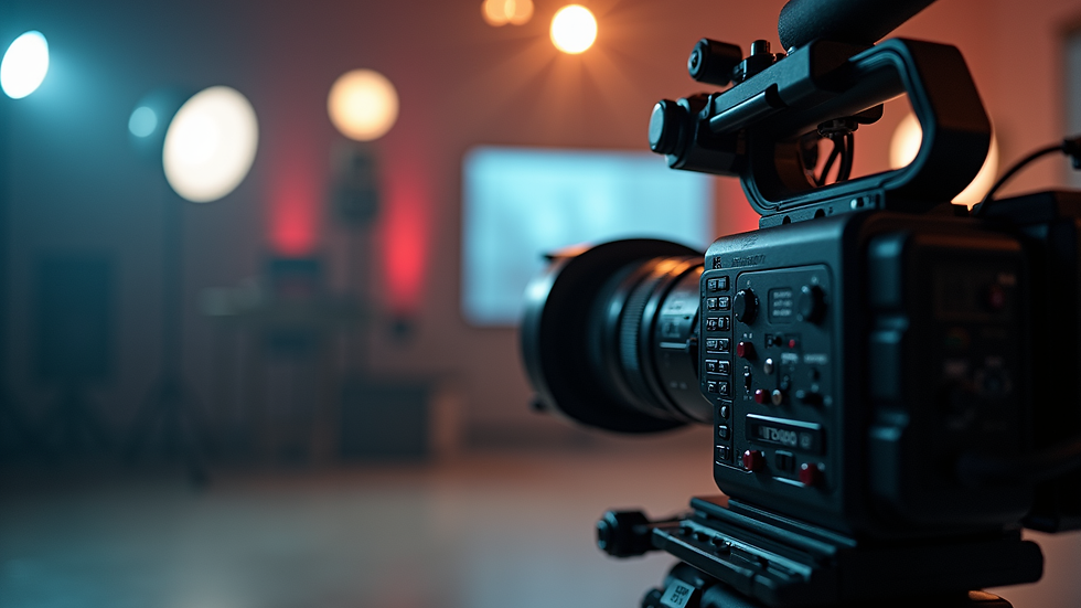 Close-up view of professional video camera setup in studio