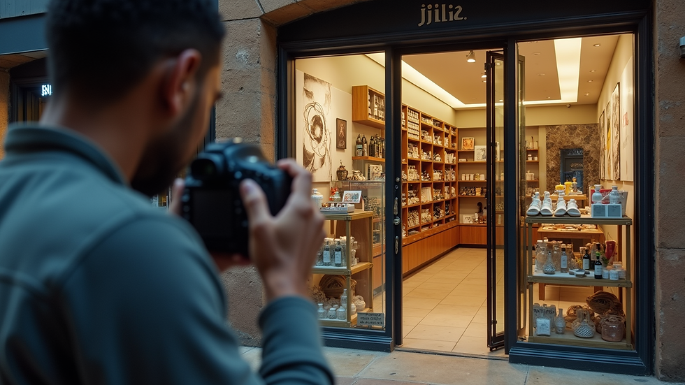 Eye-level view of a photographer capturing a business storefront in Rwanda