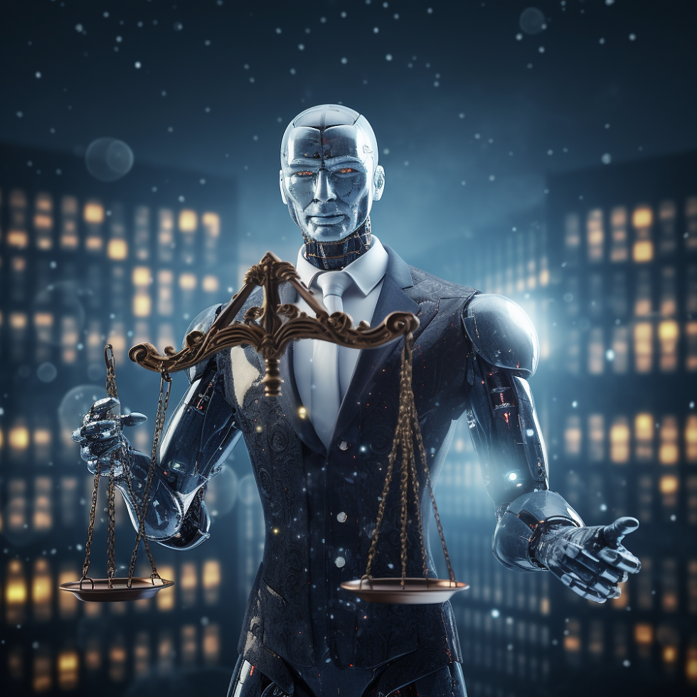 AI generated image of a robot man breaking a set of scales.