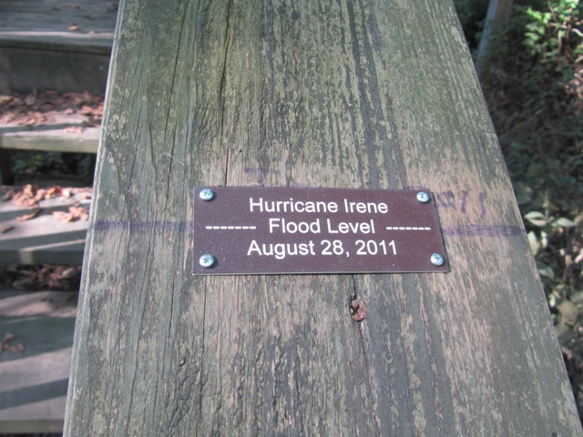 Hurricane Irene flooded the Stony Brook and overwhelmed the refuge marsh. Lee and Melinda had a marker made, to show the water level at the peak of the flood.