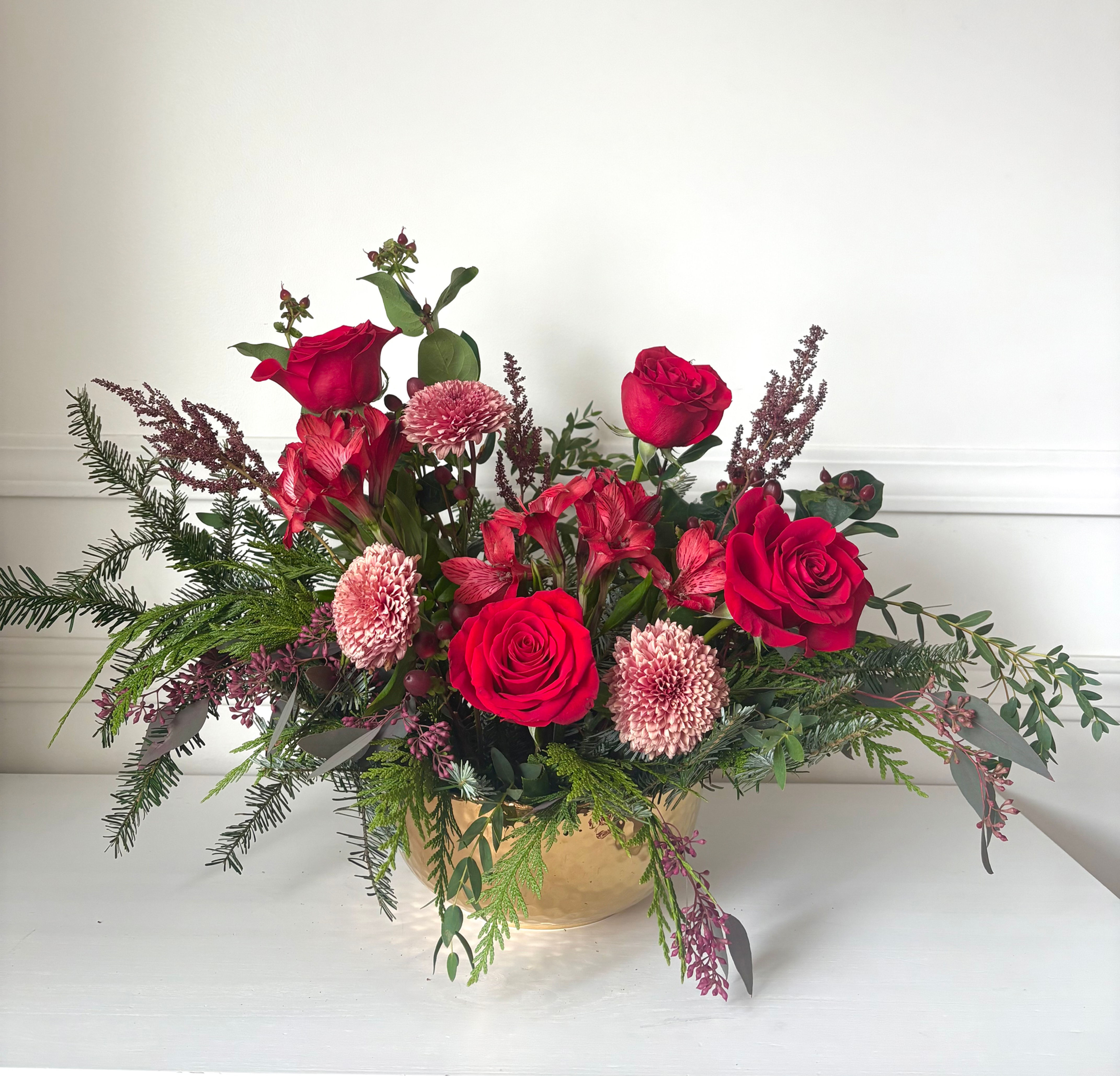 Gold Vase Blush Mauve Flower Arrangement