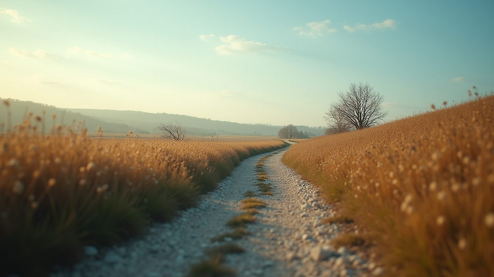 Eye-level view of a serene landscape with a winding path