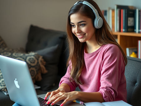 A student sitting and studying on her laptop
