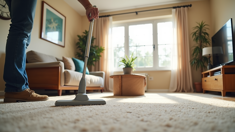 Eye-level view of a homeowner enjoying their freshly cleaned living room with new carpets