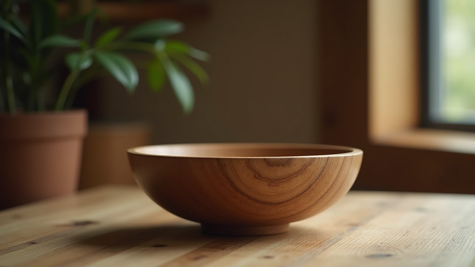 Eye-level view of a beautifully crafted wooden bowl