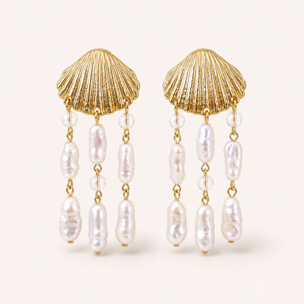 Angled view of Calypso Pearl Cascade Earrings with cascading freshwater pearl drops.
