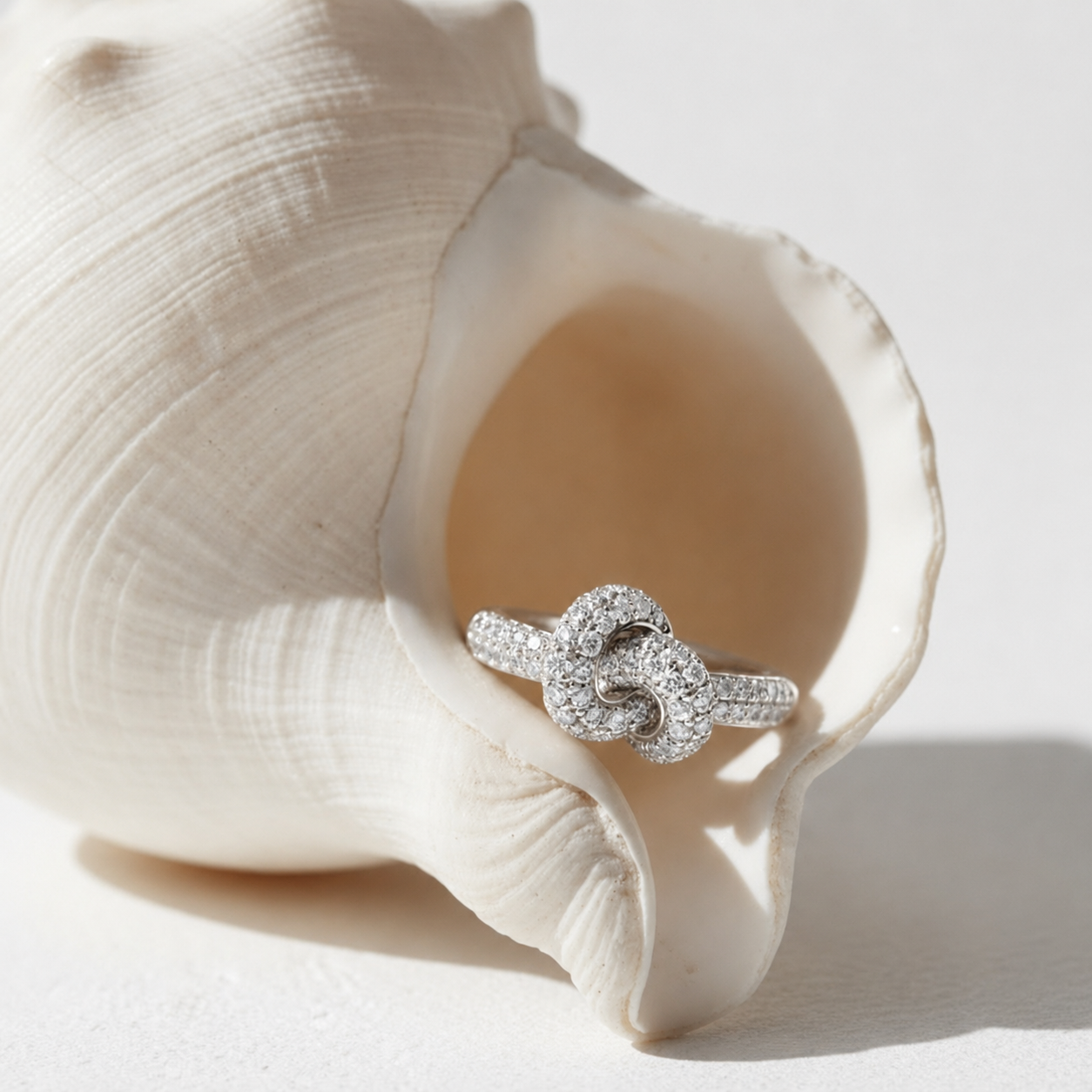 Silver Siena Pavé Knot Ring styled inside a white seashell