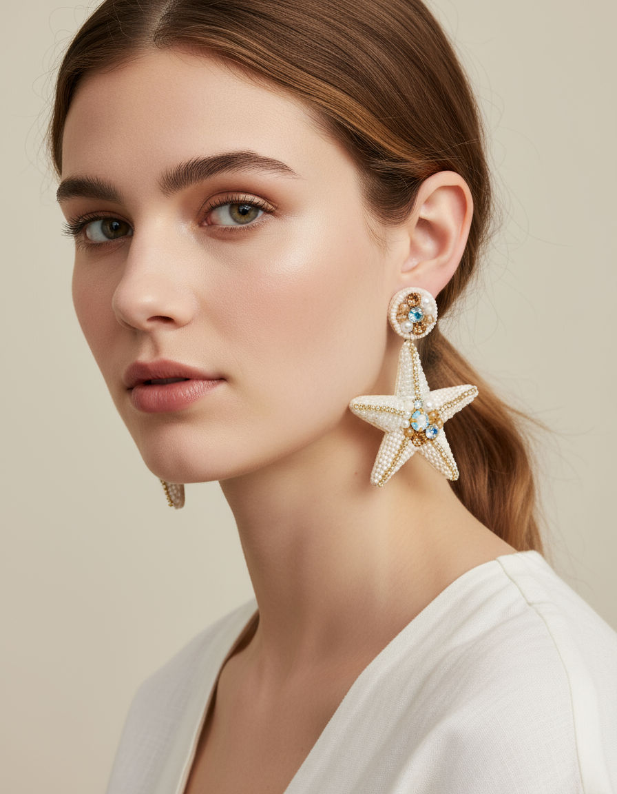 Coastal statement earrings shaped like starfish, detailed with pearls and gold crystals.