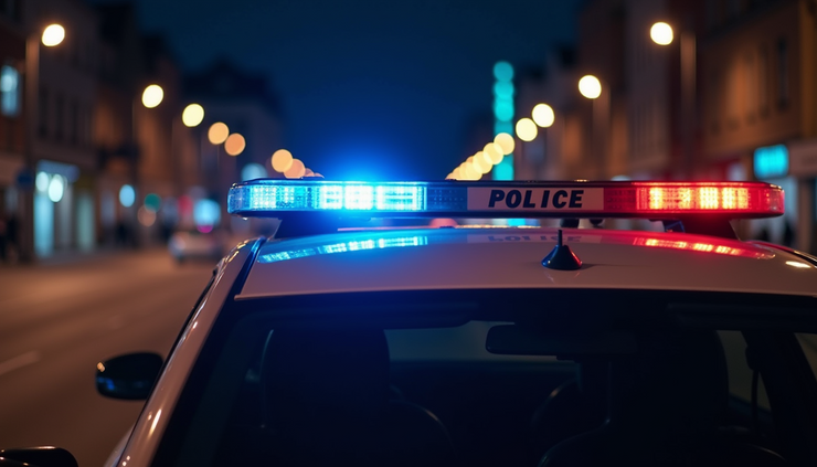 Close-up view of police car lights flashing at night