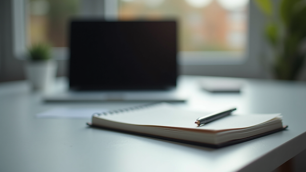 Close-up view of a modern workspace with a laptop and notepad
