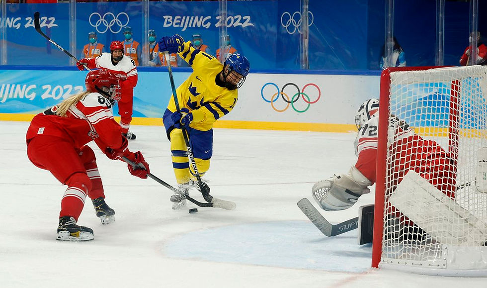 2022 Beijing Olympics - Ice Hockey - Women's Prelim. Round - Group B - Sweden v Denmark - Wukesong Sports Centre, Beijing, China - February 8, 2022. Josefin Bouveng of Sweden in action with Malene Frandsen of Denmark. REUTERS/Jonathan Ernst).