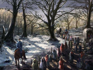 People walk in line through a snowy forest, led by a man on horseback. Covered wagons follow. The scene is somber with bare trees.