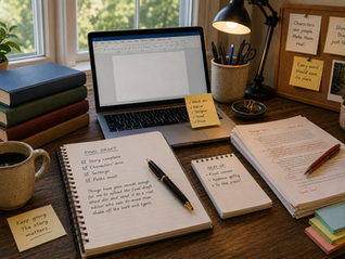Writer's desk with laptop, annotated manuscript, notebooks, coffee, and notes saying Keep going and The story matters.