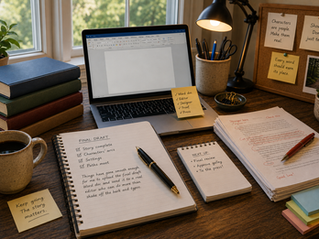 Writer's desk with laptop, annotated manuscript, notebooks, coffee, and notes saying Keep going and The story matters.