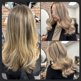 Balayage with money piece toned with champagne and suede