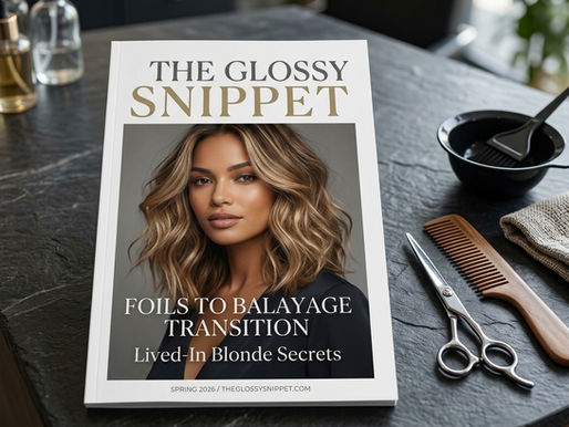 A flat-lay photograph of 'The Glossy Snippet' magazine lying on a dark slate countertop next to salon scissors and a wooden comb. The cover features a model with soft, dimensional lived-in blonde balayage waves, with headlines highlighting a foils-to-balayage transition.