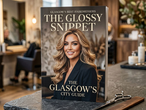 The Glossy Snippet magazine cover featuring Glasgow's Best Hairdressers guide, styled on a salon stone countertop.