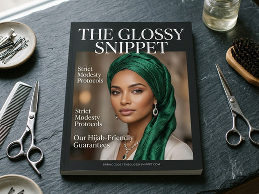 A flat-lay photograph of 'The Glossy Snippet' hair magazine lying on a dark slate countertop next to salon scissors. The cover features an elegant portrait of a woman wearing an emerald green silk head wrap, with headlines detailing modesty-friendly styling and privacy protocols at Hair In The City Glasgow.