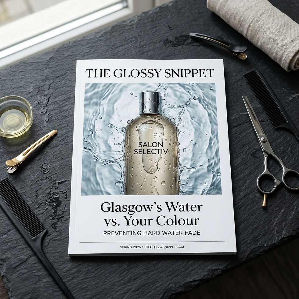 The Glossy Snippet magazine cover featuring Glasgow water vs hair colour protection guide and chelating shampoo at Hair In The City salon
