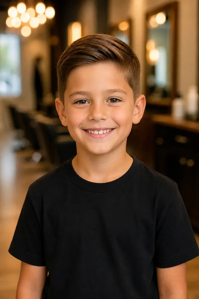 Boy with a short, styled haircut at a Southwest Austin hair salon