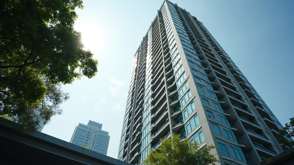 Eye-level view of a modern condominium building near MRT station