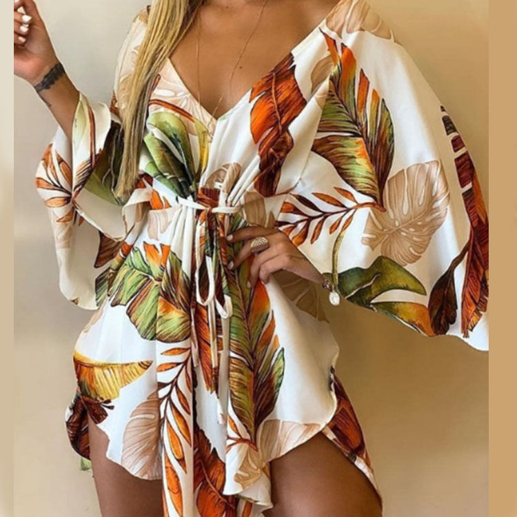 Miniatura: Vestido Feminino Estampado Sexy — Decote V Manga Morcego