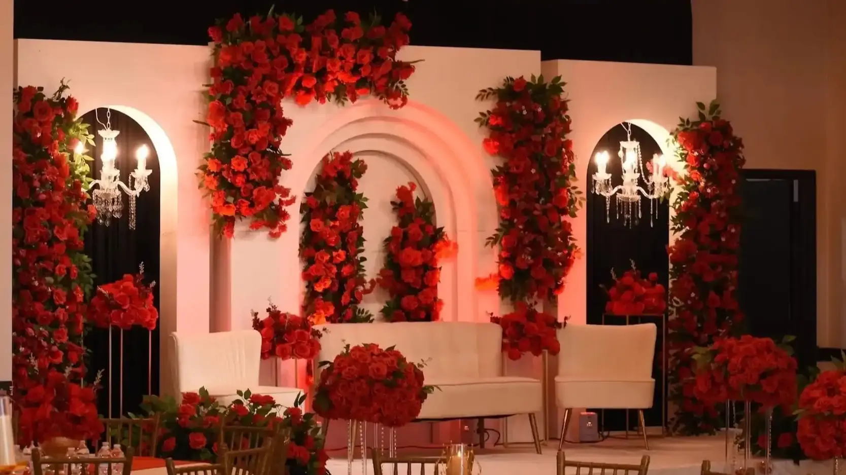 Luxury red wedding stage decor by 7Elements in Dallas-Fort Worth