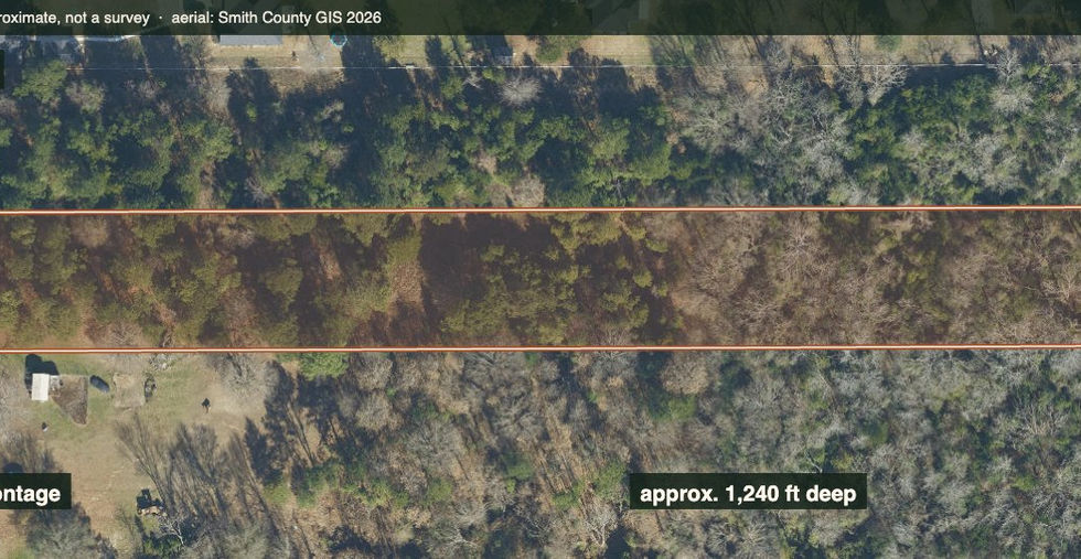Close aerial of the tract showing approximately 110 feet of County Road 489 frontage and about 1,240 feet of depth