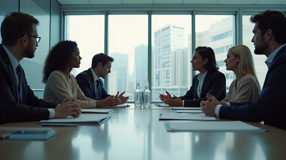 Eye-level view of a manager discussing strategy with a team around a conference table