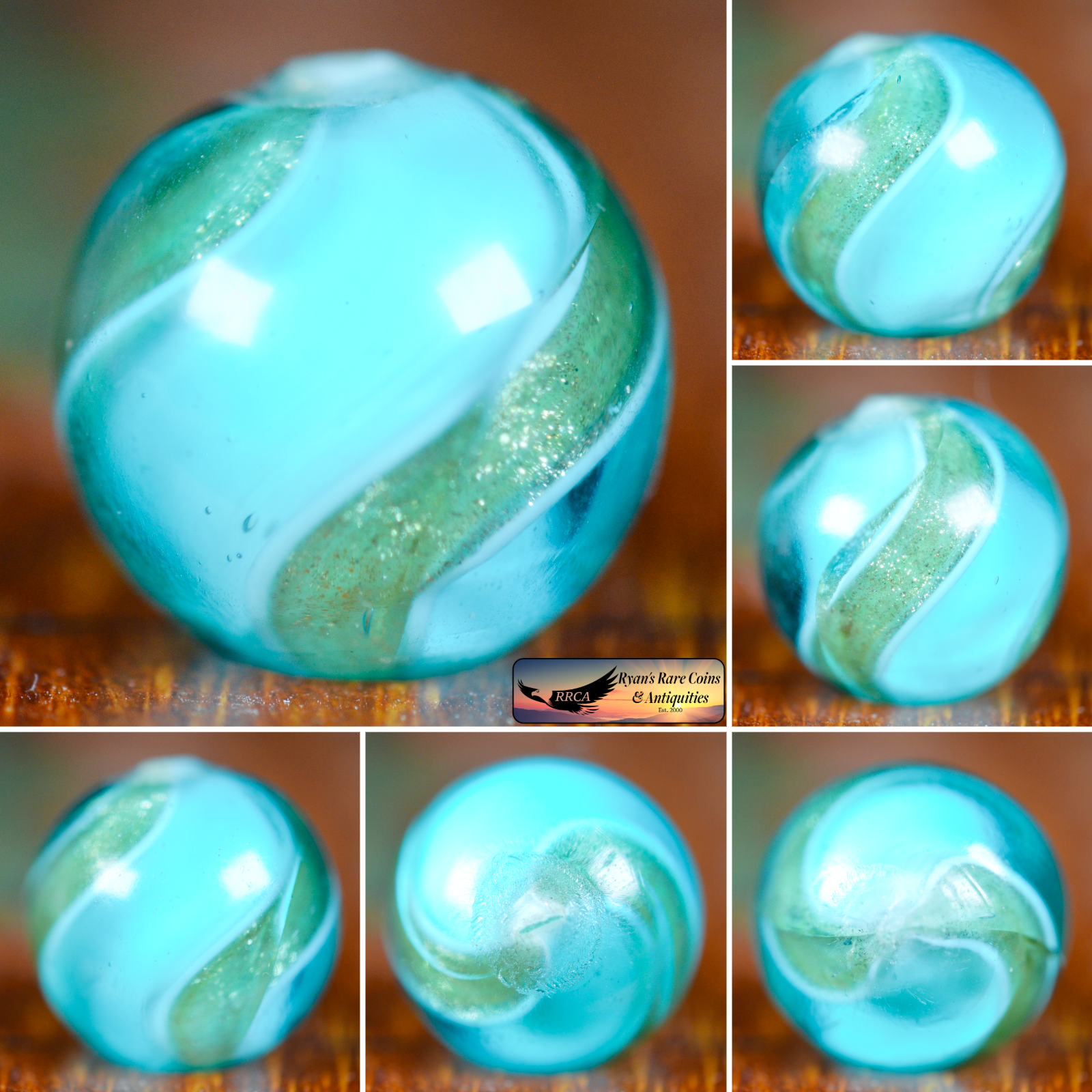 Handmade Aqua Blue Base Glass Ribbon Lutz, 0.69 in, Mint, Annealing Crack, S1610