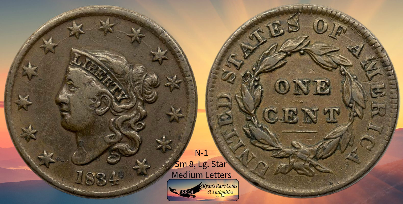 1834 Matron Head Large Cent, N-1, Sm. 8, Lg. Stars, Med. Lett., Very Fine C8588