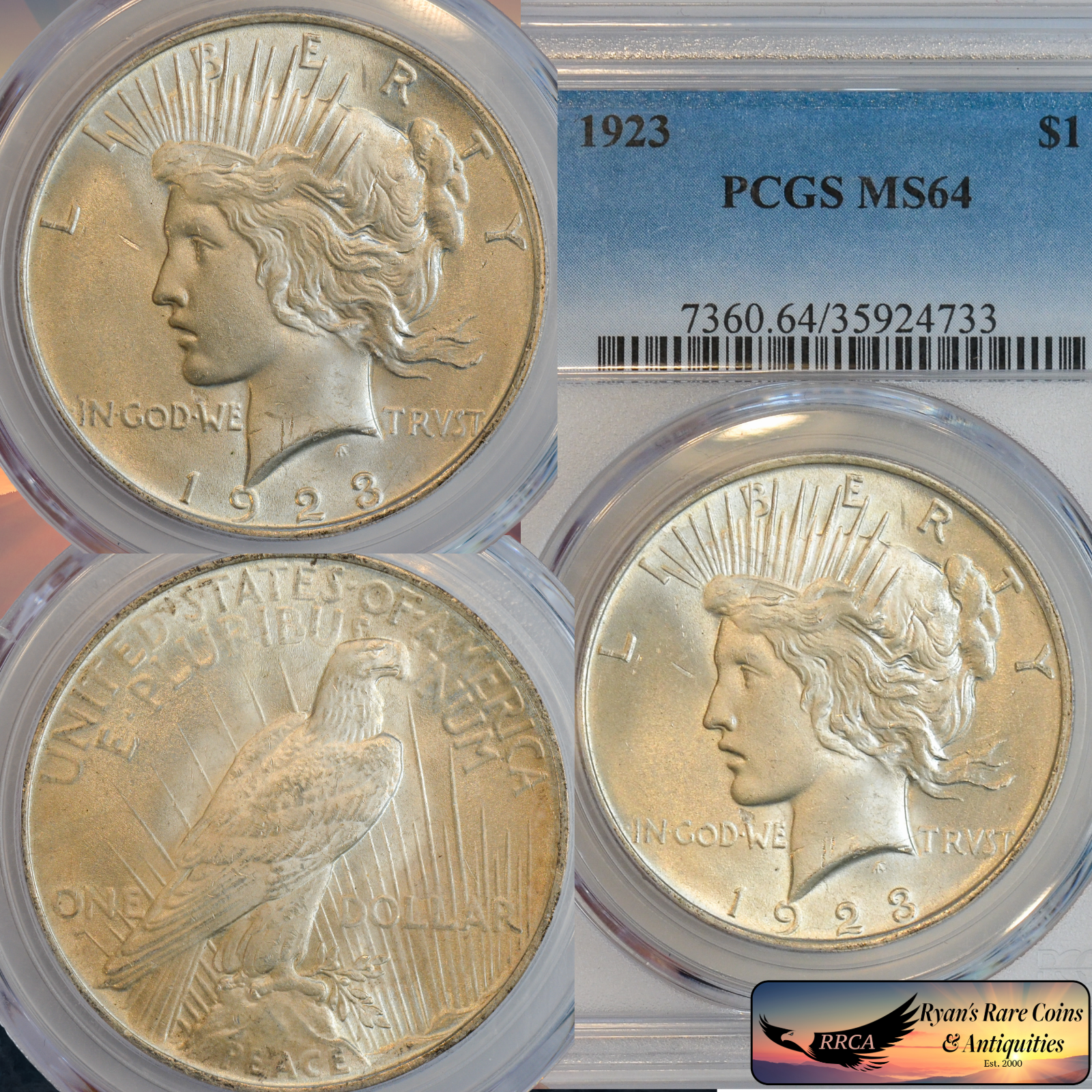 1923 Peace Silver Dollar PCGS MS64, Brilliant Uncirculated+ Condition, PQ, C8539