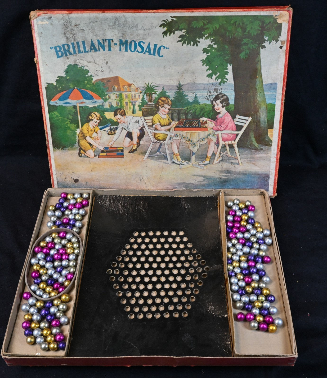Nice Vintage Mosaic Marble Game, Germany, 1930's, Numerous Nice Marbles, S1673