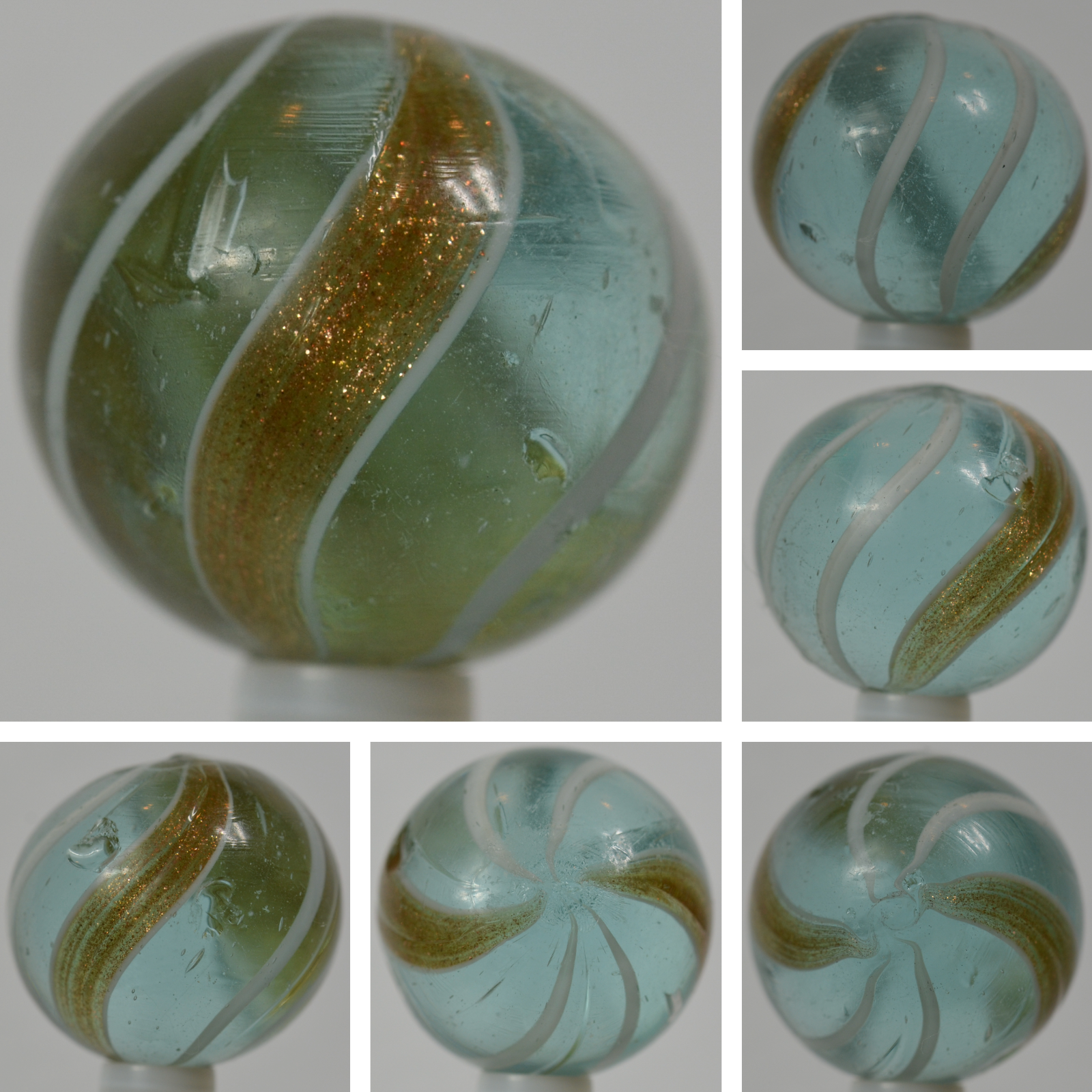 Handmade Banded Lutz Marble, Aqua Base Glass 29/32 in, NM, Buffed, Germany S1307