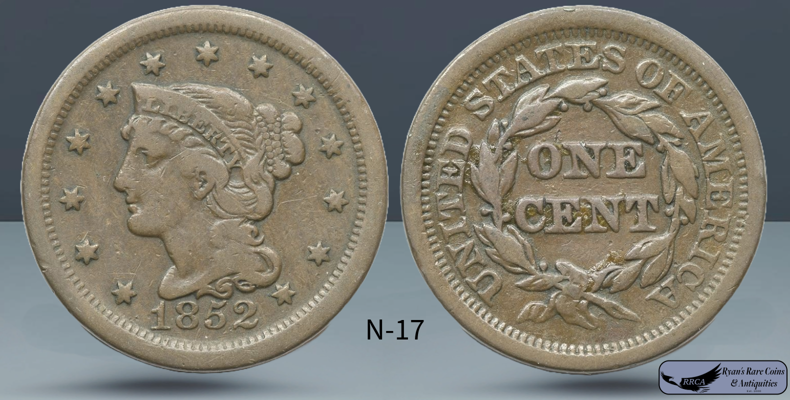 1852 N-17, Braided Hair Large Cent, Fine+ Condition, Ryan's Rare Coins, C8038